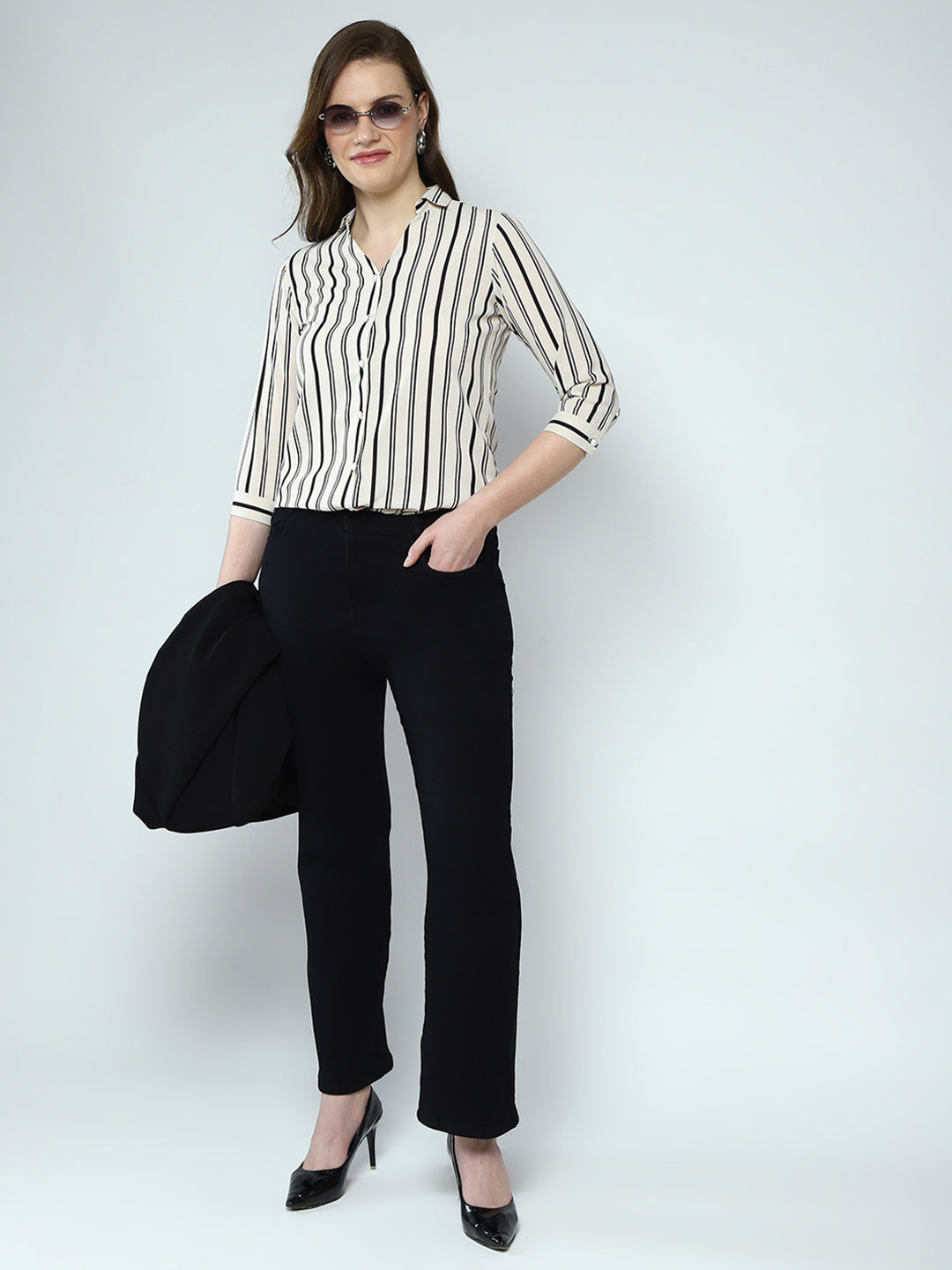 Women White Stripe Front Open 3/4th Sleeve Shirt