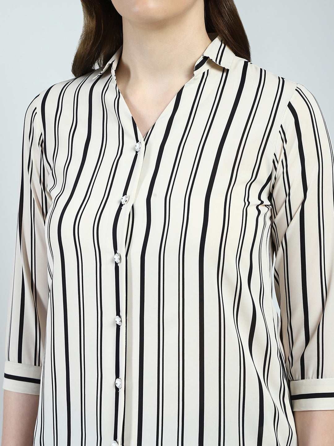Women White Stripe Front Open 3/4th Sleeve Shirt