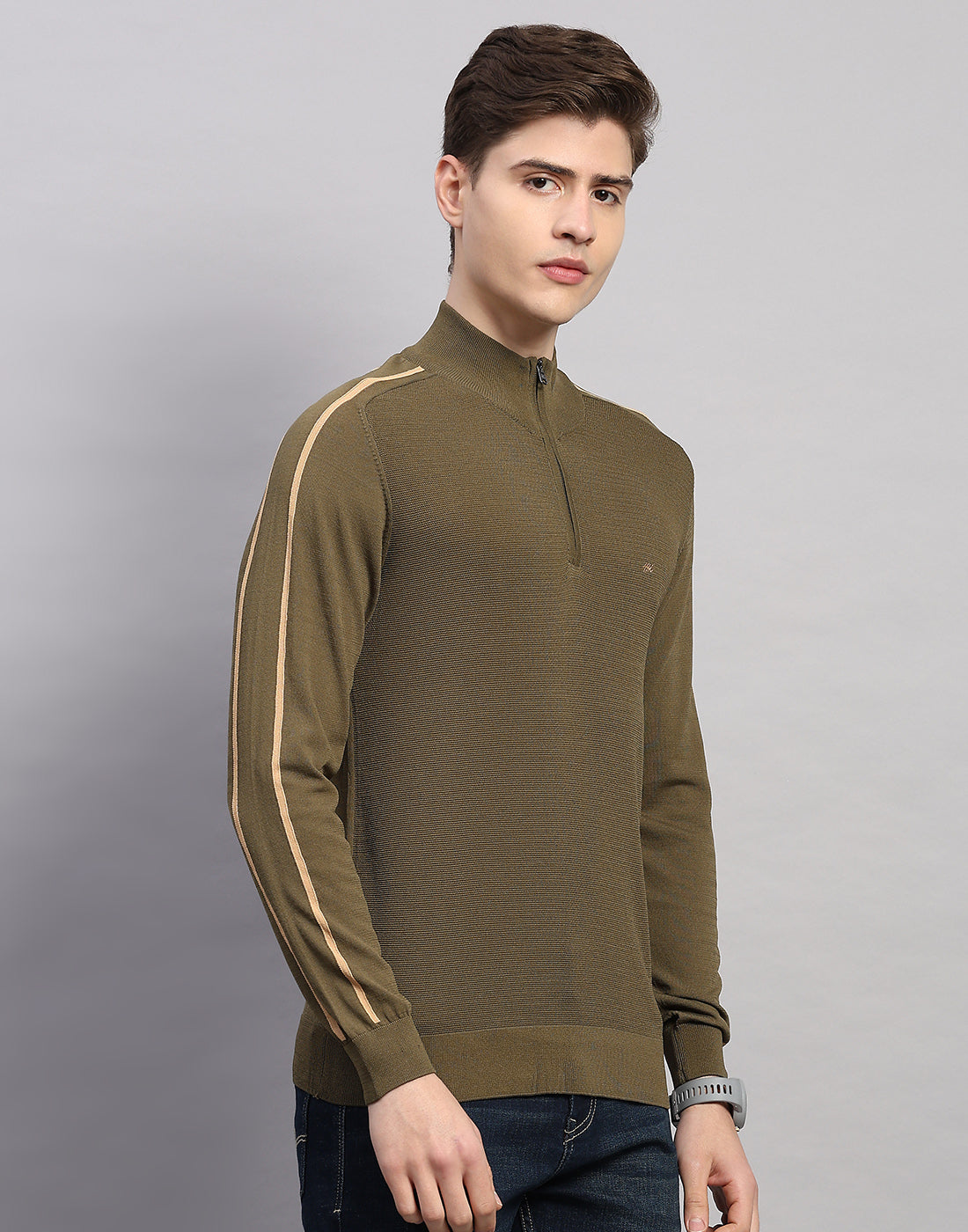 Men Olive Self Design Collar Full Sleeve Winter T-Shirt