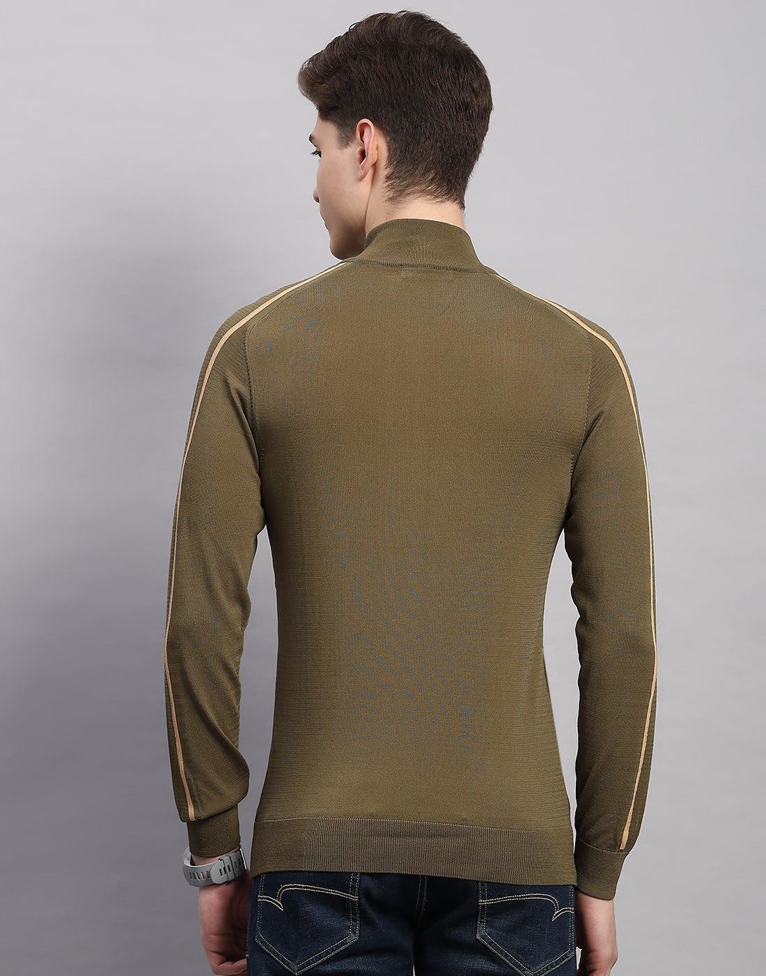 Men Olive Self Design Collar Full Sleeve Winter T-Shirt