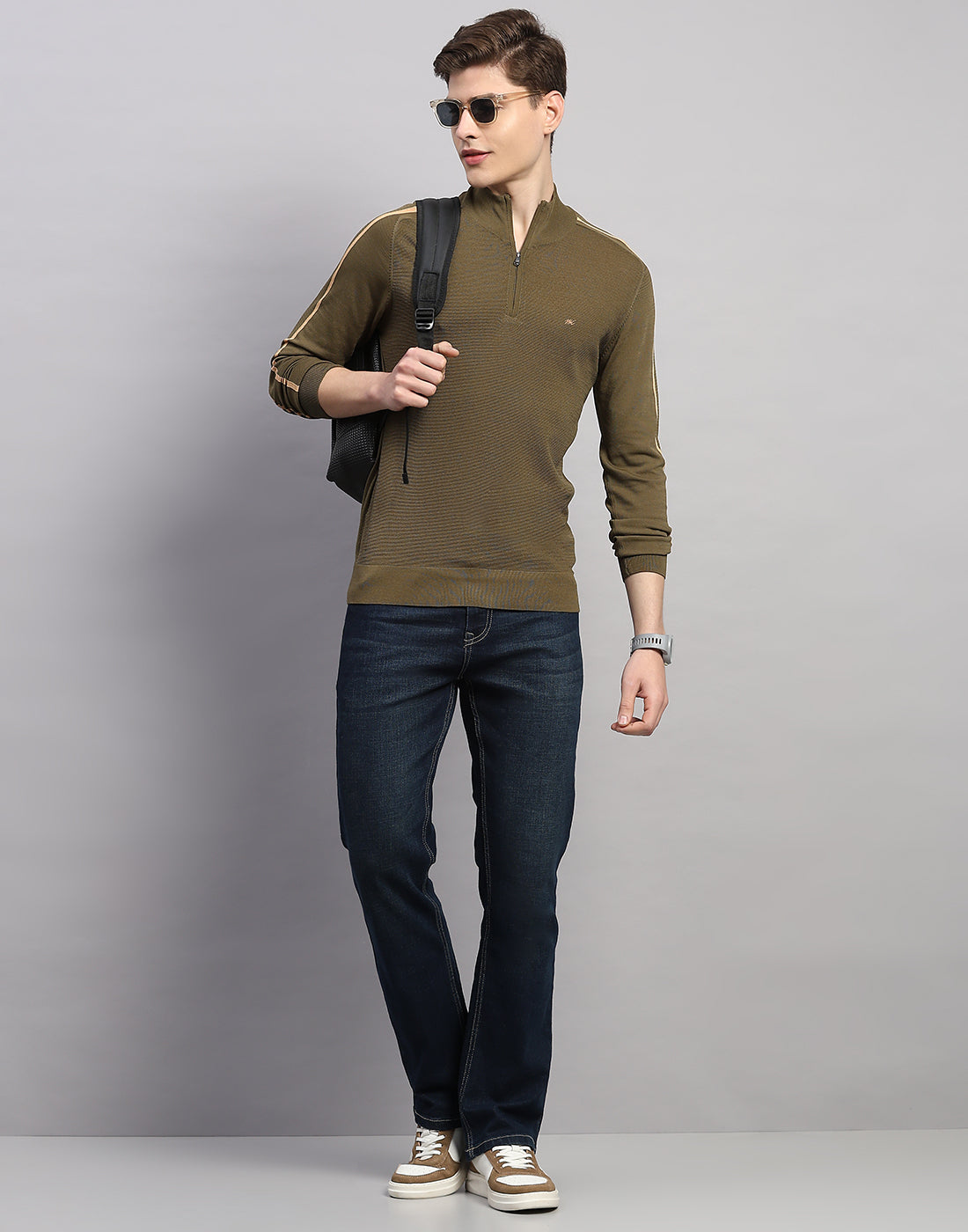 Men Olive Self Design Collar Full Sleeve Winter T-Shirt