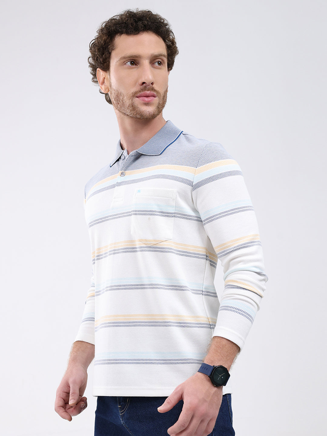 Men White Stripe Collar Full Sleeve Winter T-Shirt
