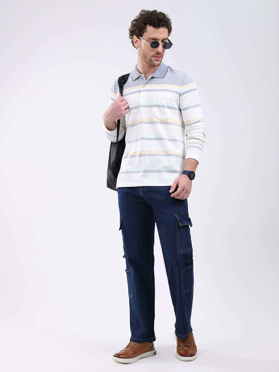 Men White Stripe Collar Full Sleeve Winter T-Shirt