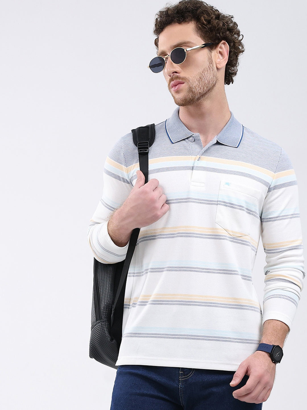 Men White Stripe Collar Full Sleeve Winter T-Shirt
