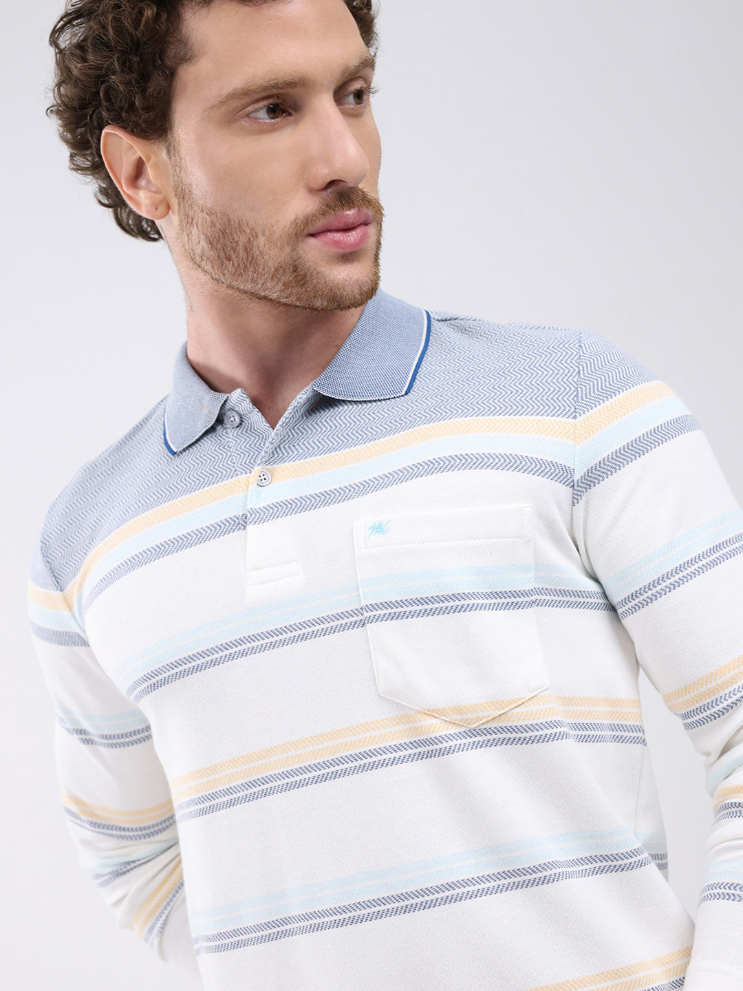 Men White Stripe Collar Full Sleeve Winter T-Shirt
