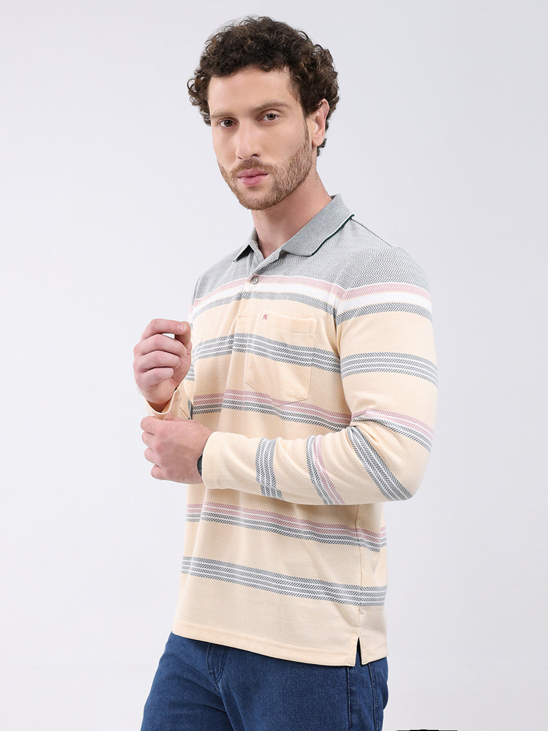 Men Peach Stripe Collar Full Sleeve Winter T-Shirt