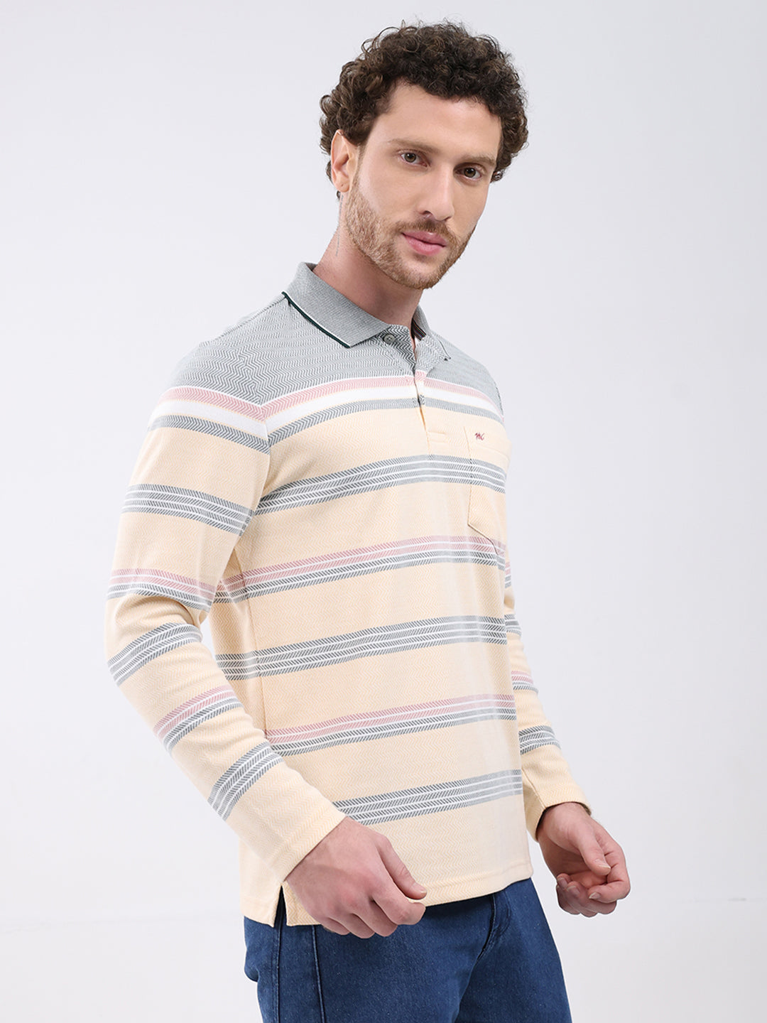 Men Peach Stripe Collar Full Sleeve Winter T-Shirt