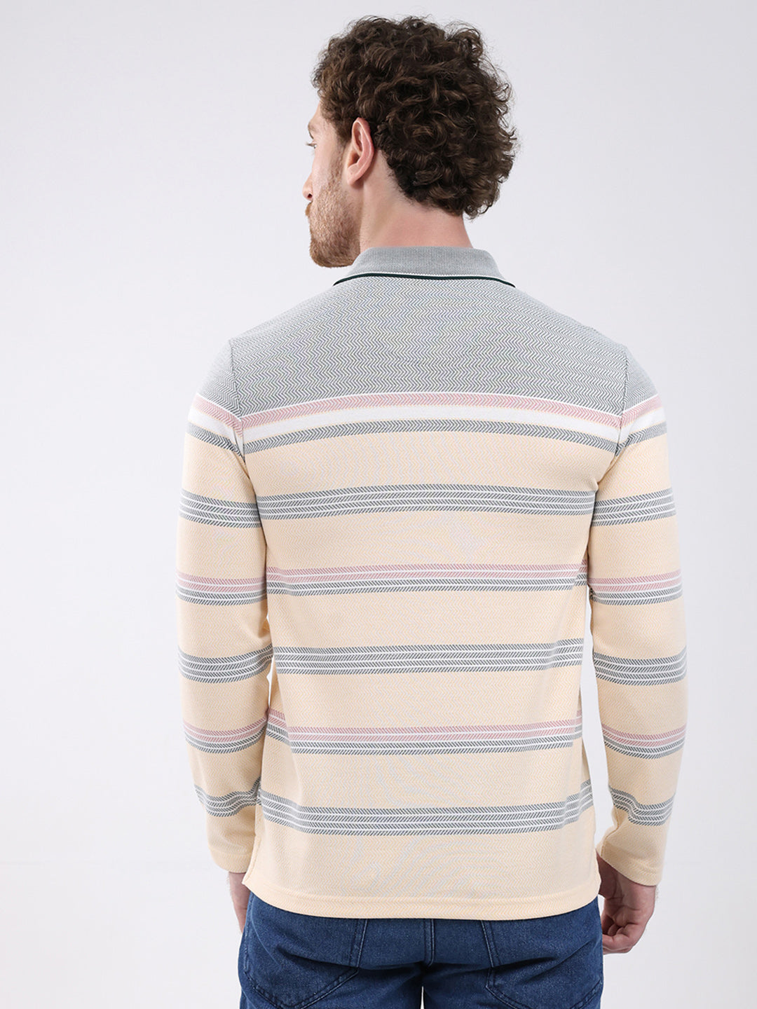 Men Peach Stripe Collar Full Sleeve Winter T-Shirt