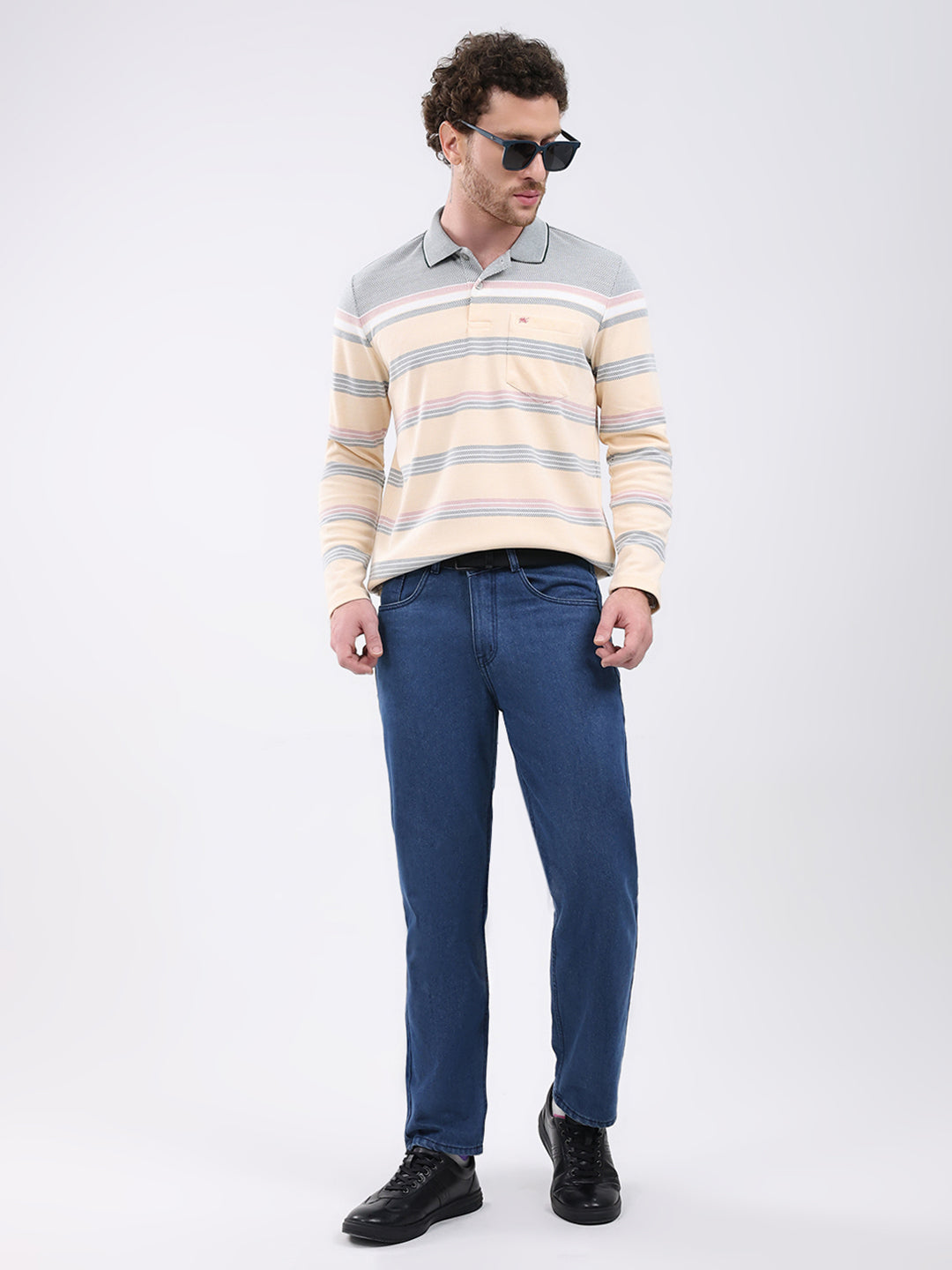 Men Peach Stripe Collar Full Sleeve Winter T-Shirt