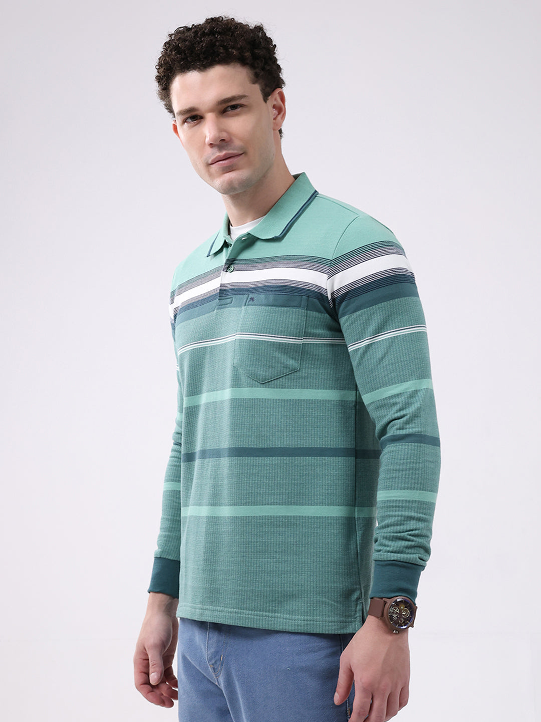 Men Green Stripe Collar Full Sleeve Winter T-Shirt