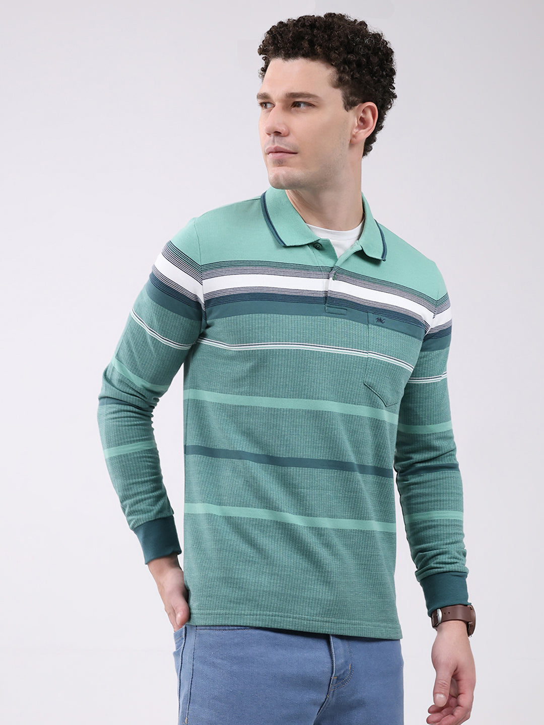 Men Green Stripe Collar Full Sleeve Winter T-Shirt