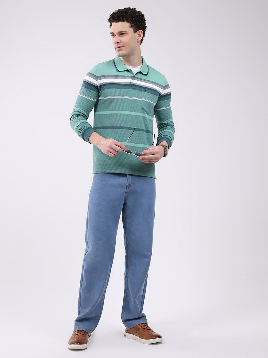 Men Green Stripe Collar Full Sleeve Winter T-Shirt
