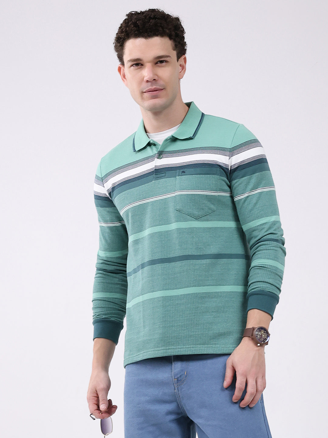 Men Green Stripe Collar Full Sleeve Winter T-Shirt