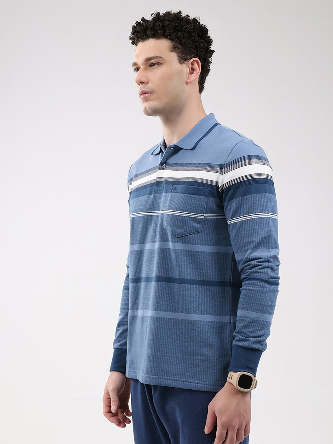 Men Blue Stripe Collar Full Sleeve Winter T-Shirt