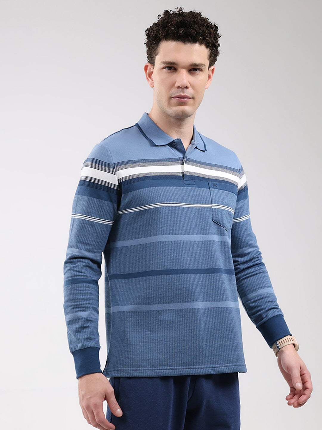 Men Blue Stripe Collar Full Sleeve Winter T-Shirt