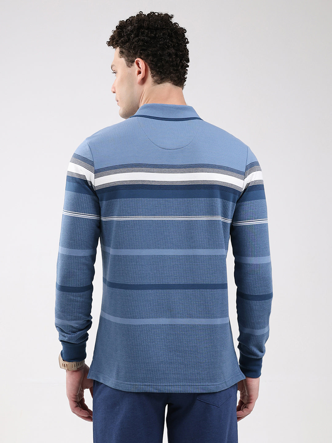 Men Blue Stripe Collar Full Sleeve Winter T-Shirt