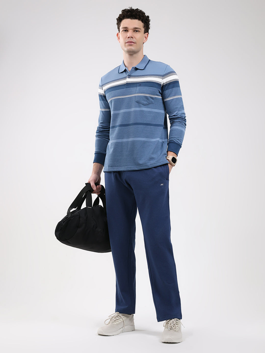 Men Blue Stripe Collar Full Sleeve Winter T-Shirt