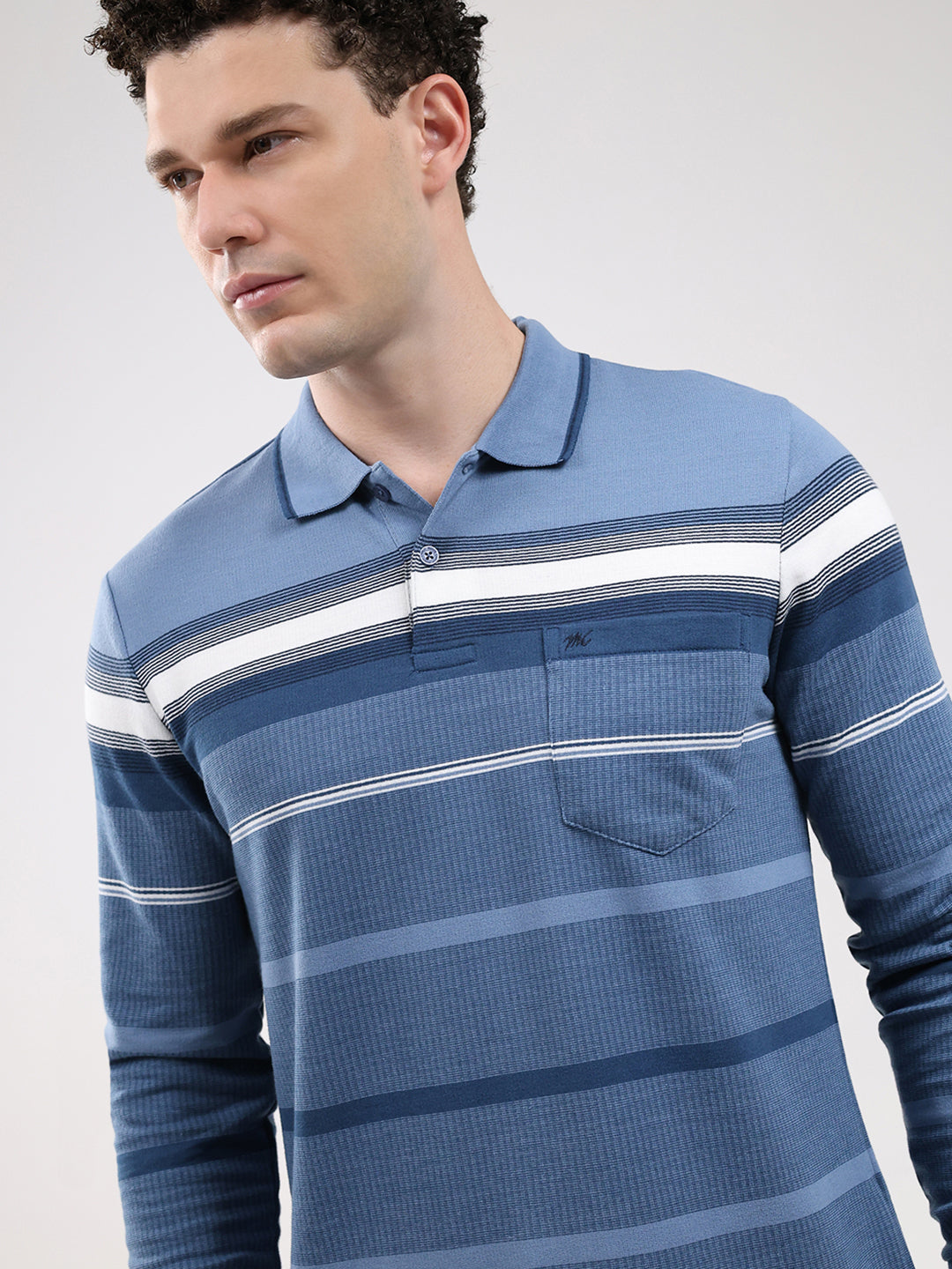 Men Blue Stripe Collar Full Sleeve Winter T-Shirt