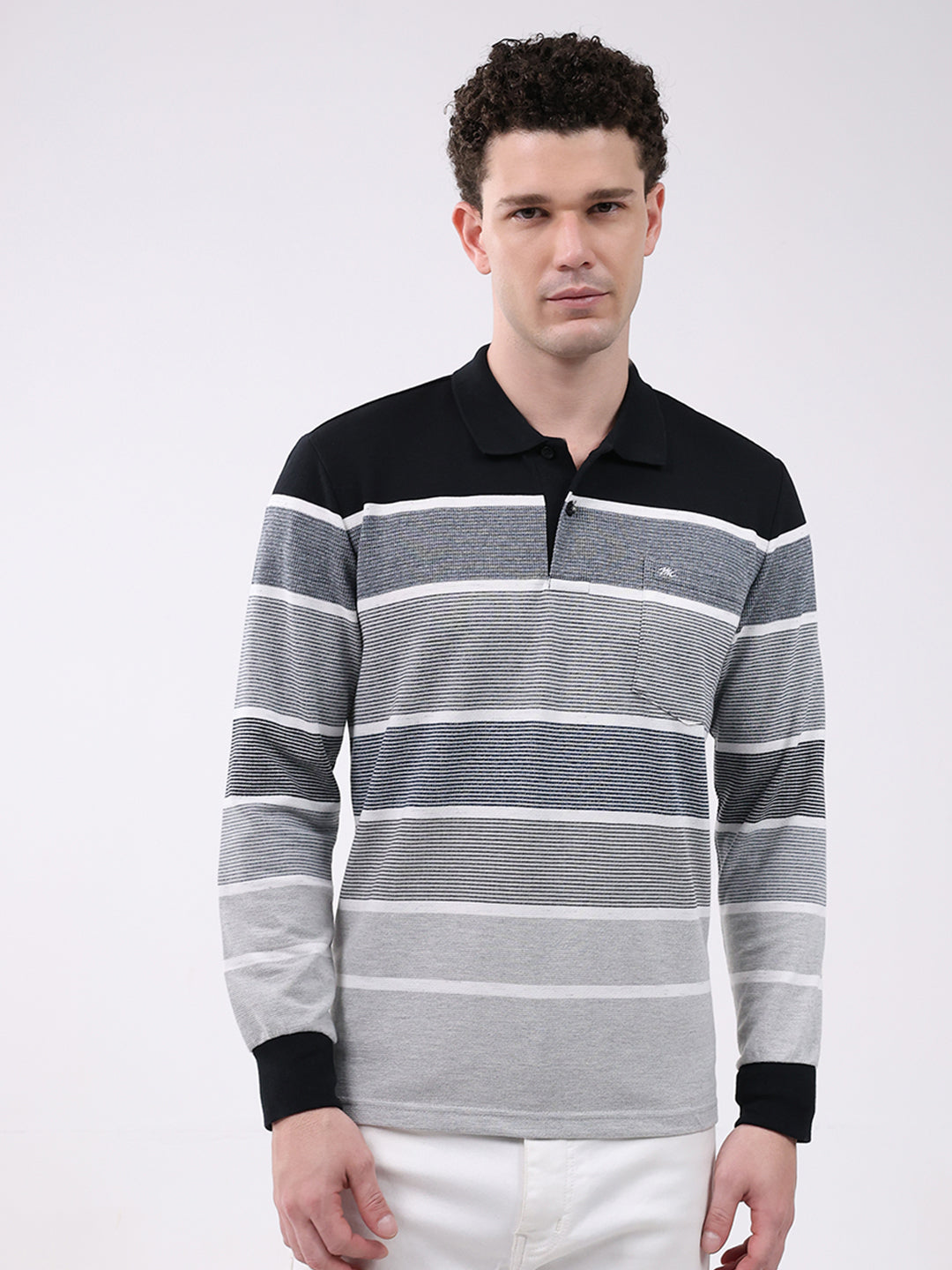 Buy Men Grey Stripe Collar Full Sleeve Winter T-Shirt Online in