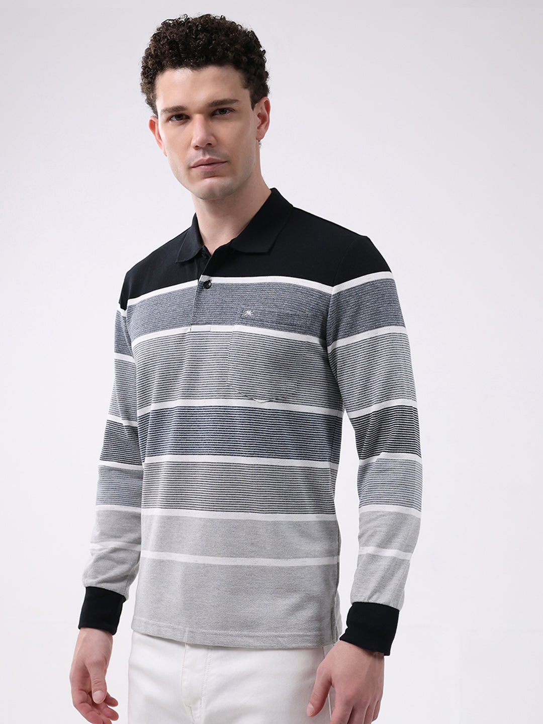 Men Grey Stripe Collar Full Sleeve Winter T-Shirt