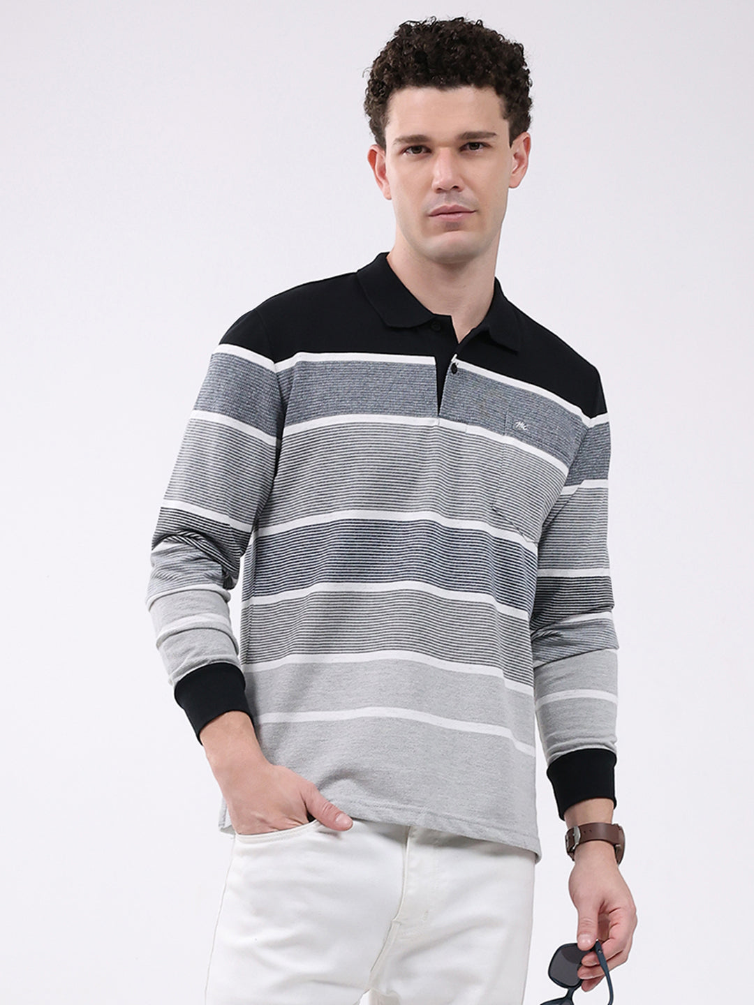 Men Grey Stripe Collar Full Sleeve Winter T-Shirt