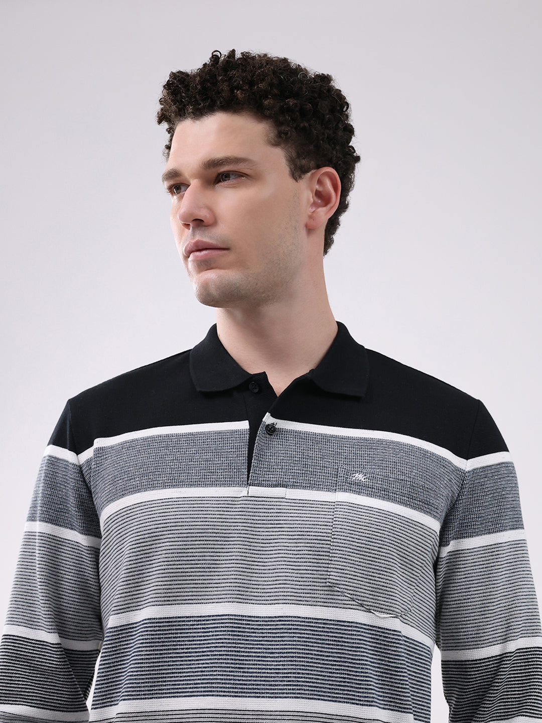 Men Grey Stripe Collar Full Sleeve Winter T-Shirt