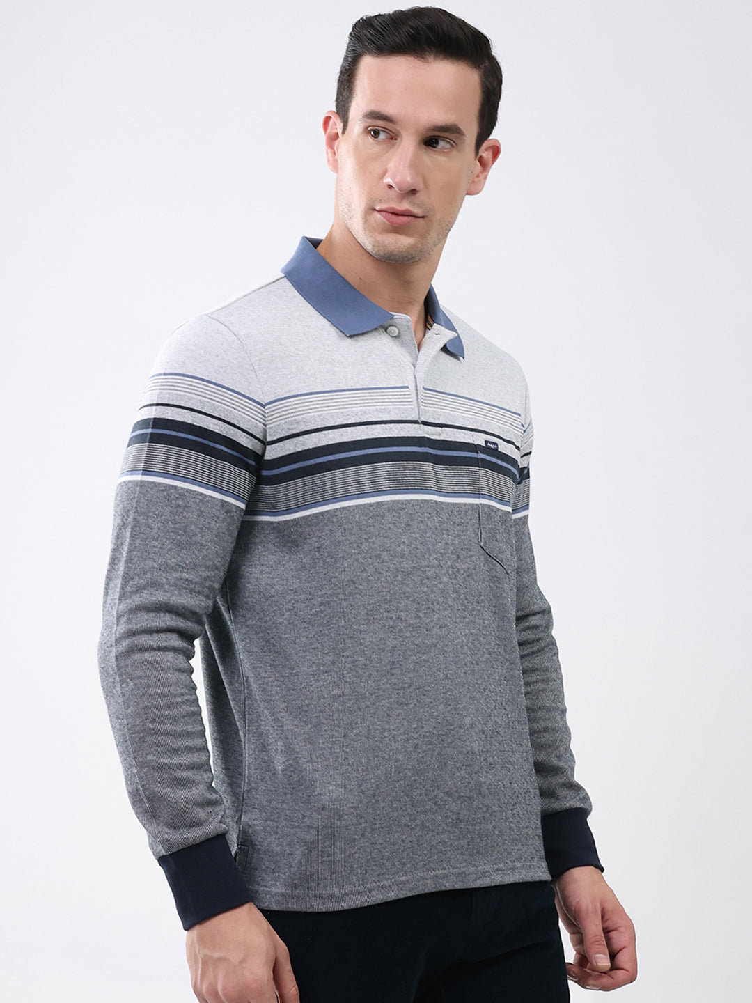 Men Grey Stripe Collar Full Sleeve Winter T-Shirt