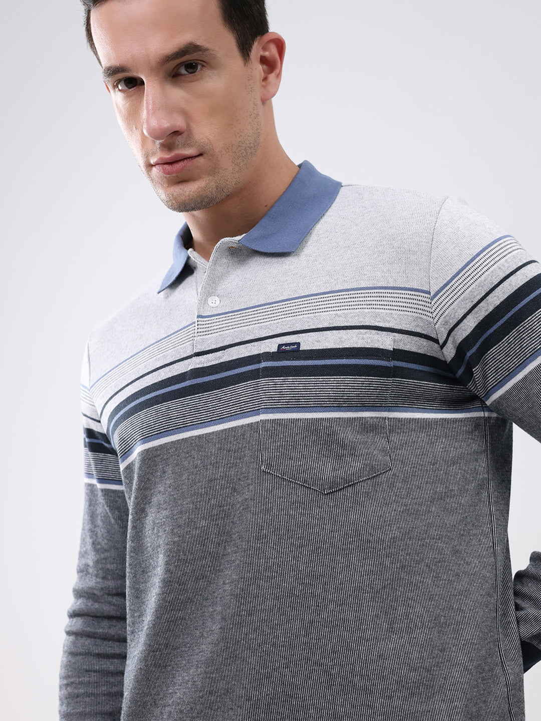 Men Grey Stripe Collar Full Sleeve Winter T-Shirt