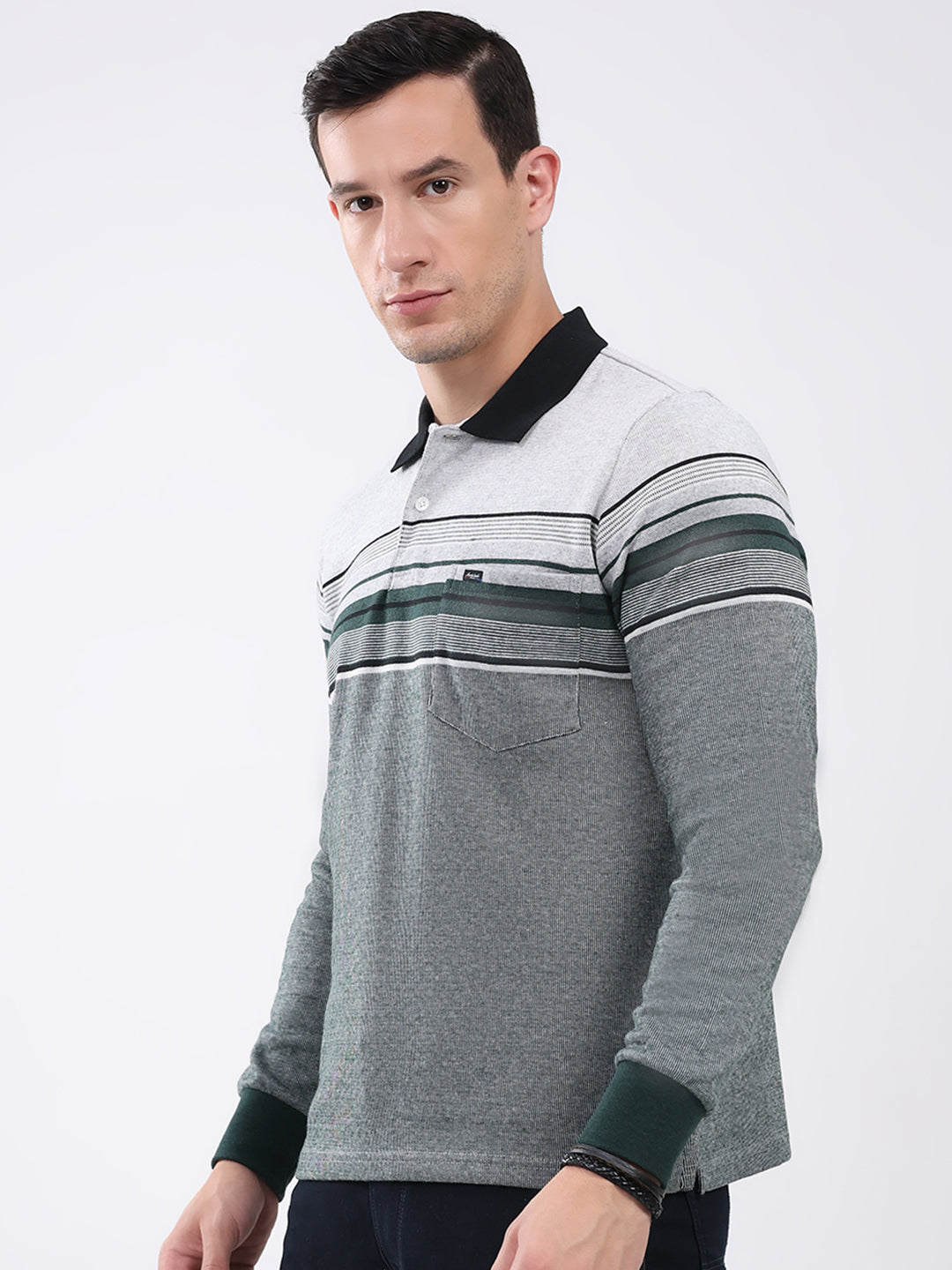 Men Green Stripe Collar Full Sleeve Winter T-Shirt