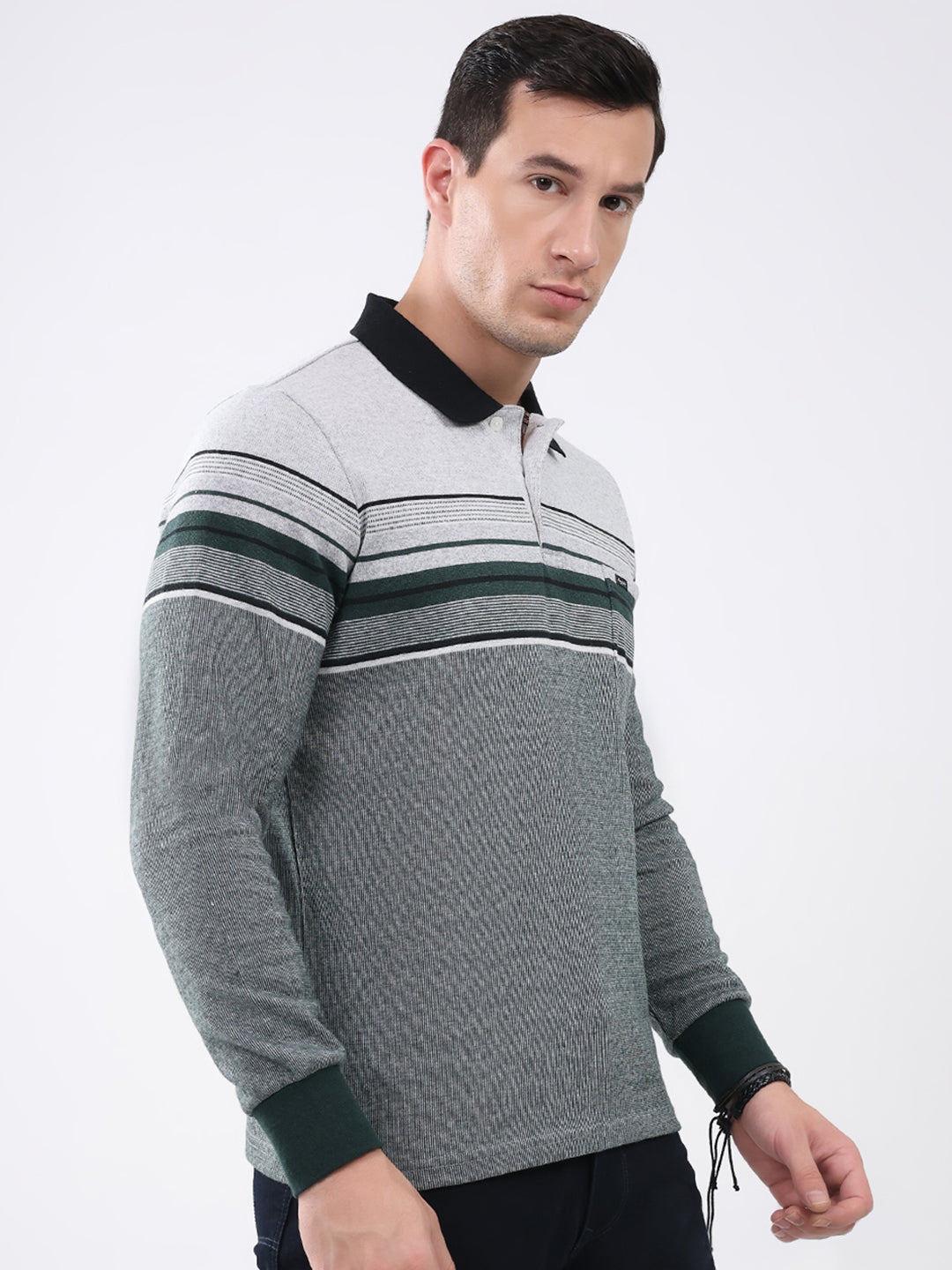Men Green Stripe Collar Full Sleeve Winter T-Shirt