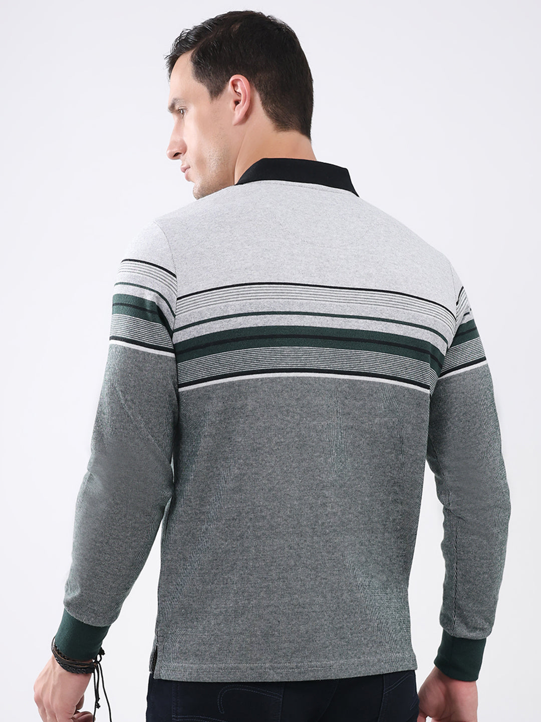 Men Green Stripe Collar Full Sleeve Winter T-Shirt