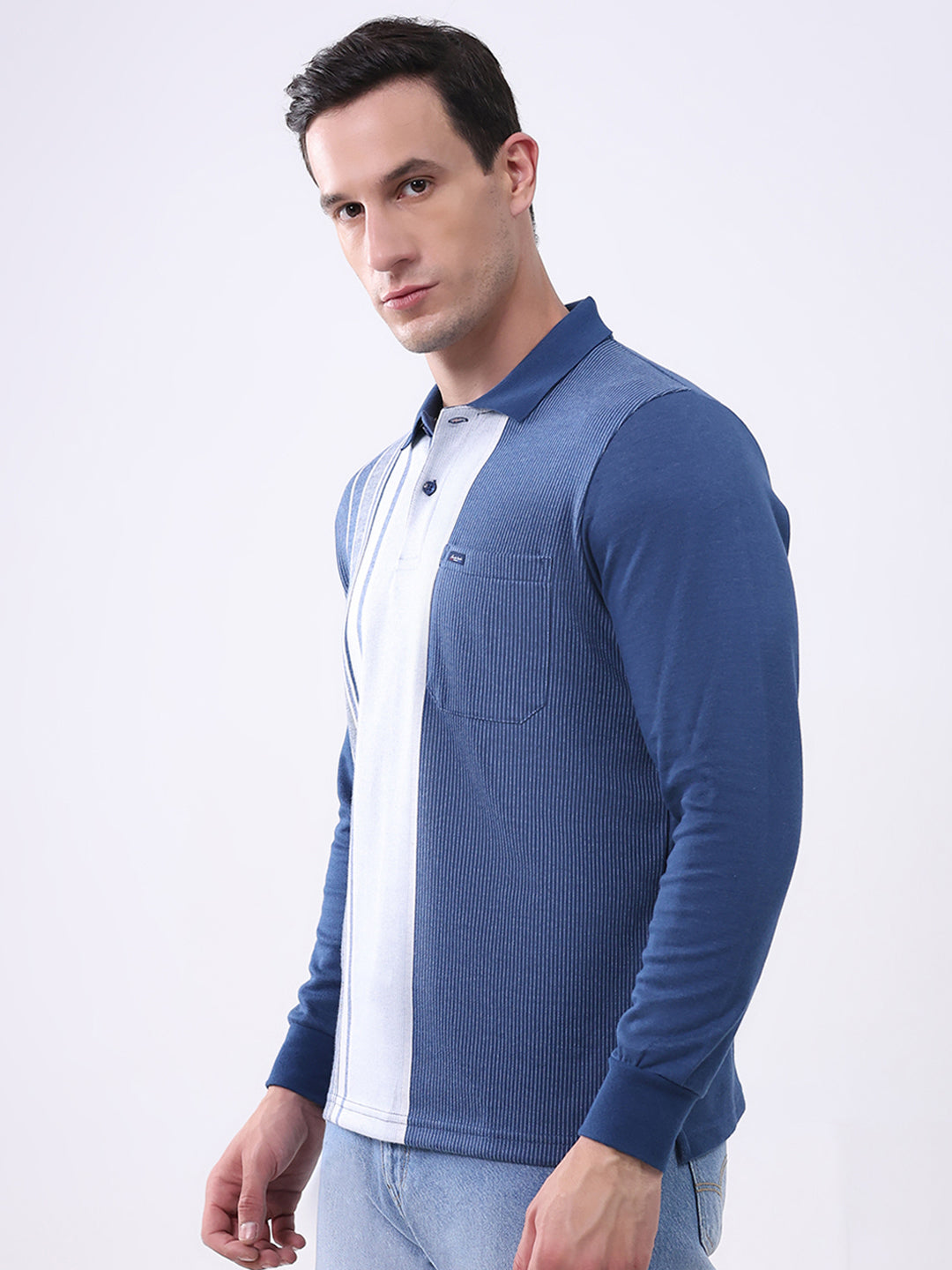 Men Blue Stripe Collar Full Sleeve Winter T-Shirt
