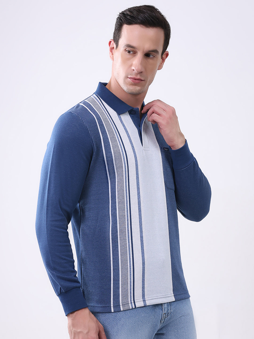 Men Blue Stripe Collar Full Sleeve Winter T-Shirt