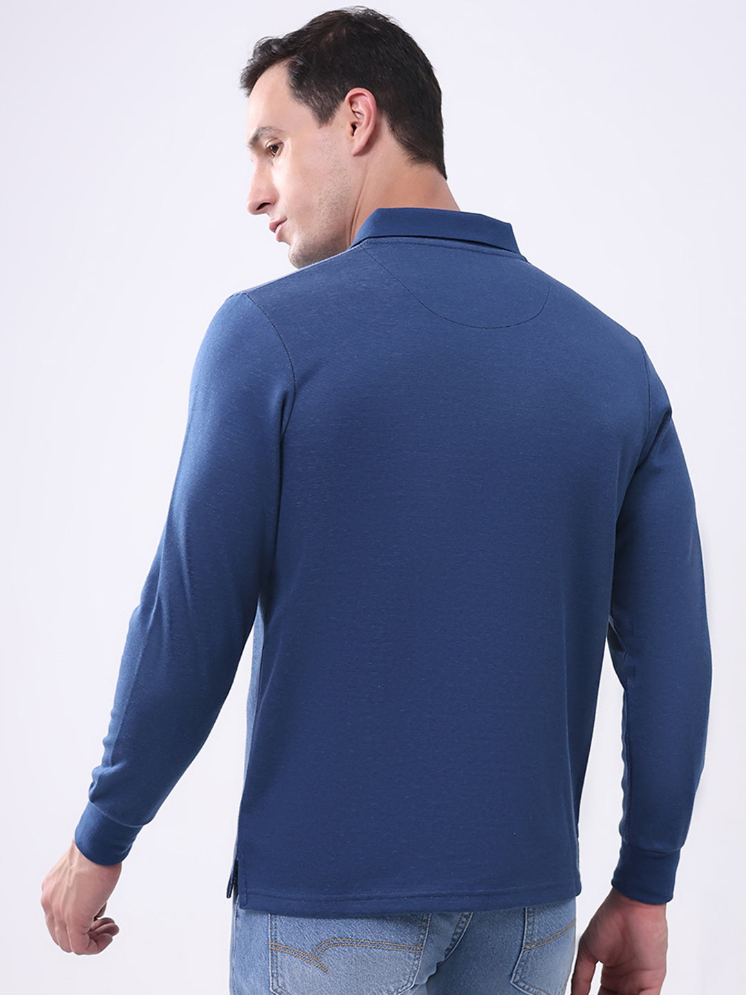 Men Blue Stripe Collar Full Sleeve Winter T-Shirt