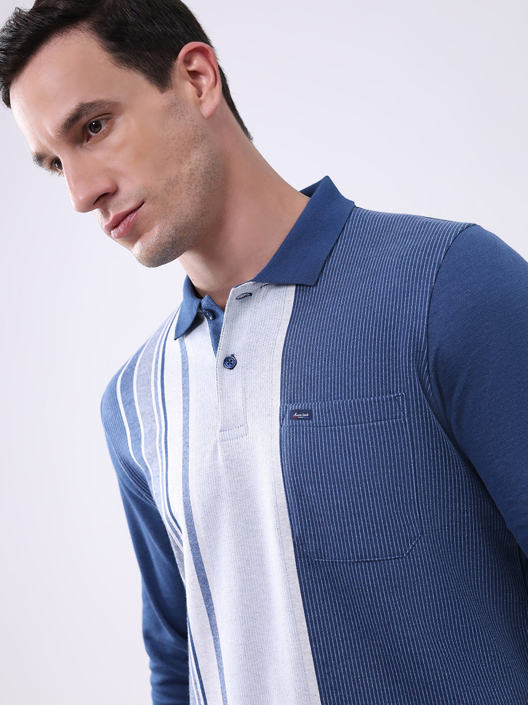 Men Blue Stripe Collar Full Sleeve Winter T-Shirt
