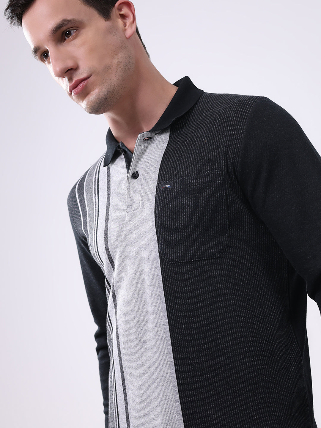 Men Black Stripe Collar Full Sleeve Winter T-Shirt