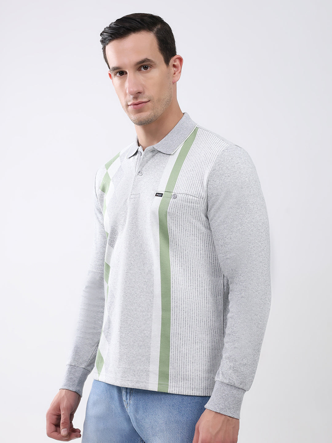 Men Grey Abstract Collar Full Sleeve Winter T-Shirt