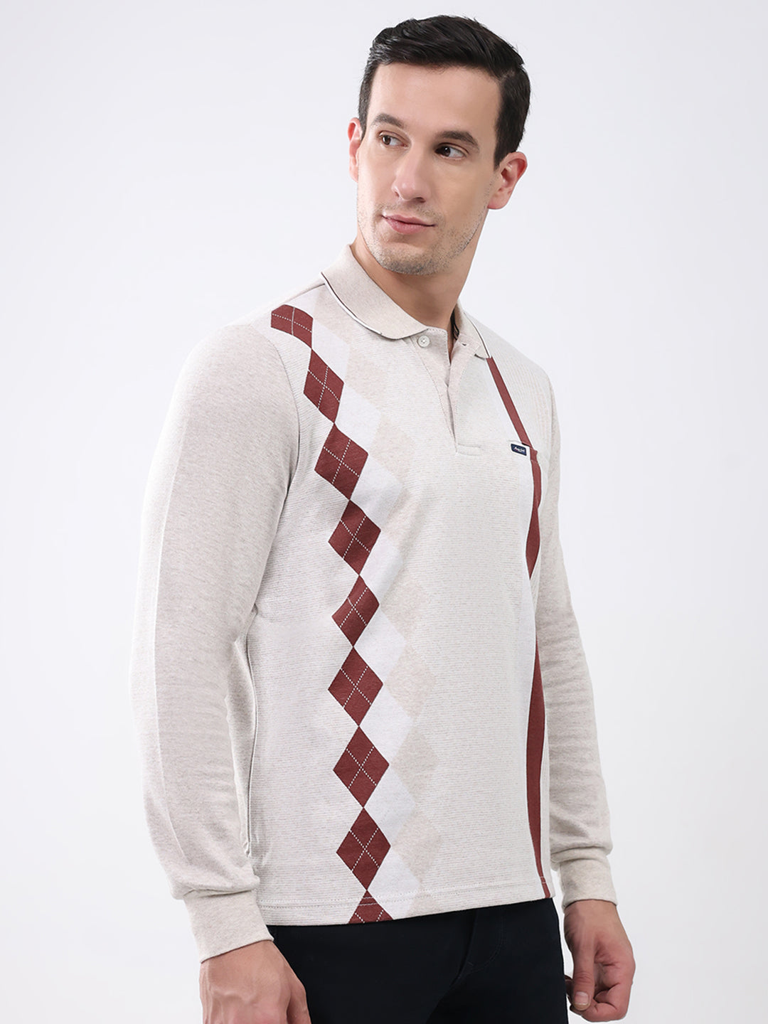 Men Beige Abstract Collar Full Sleeve Winter T-Shirt