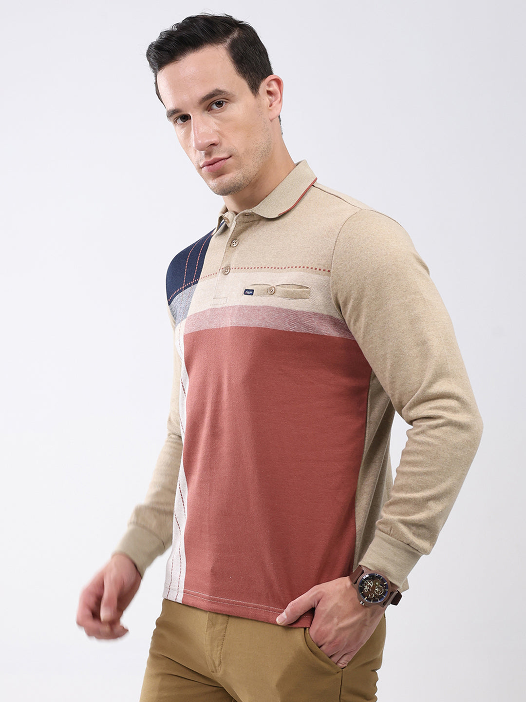 Men Khaki Abstract Collar Full Sleeve Winter T-Shirt