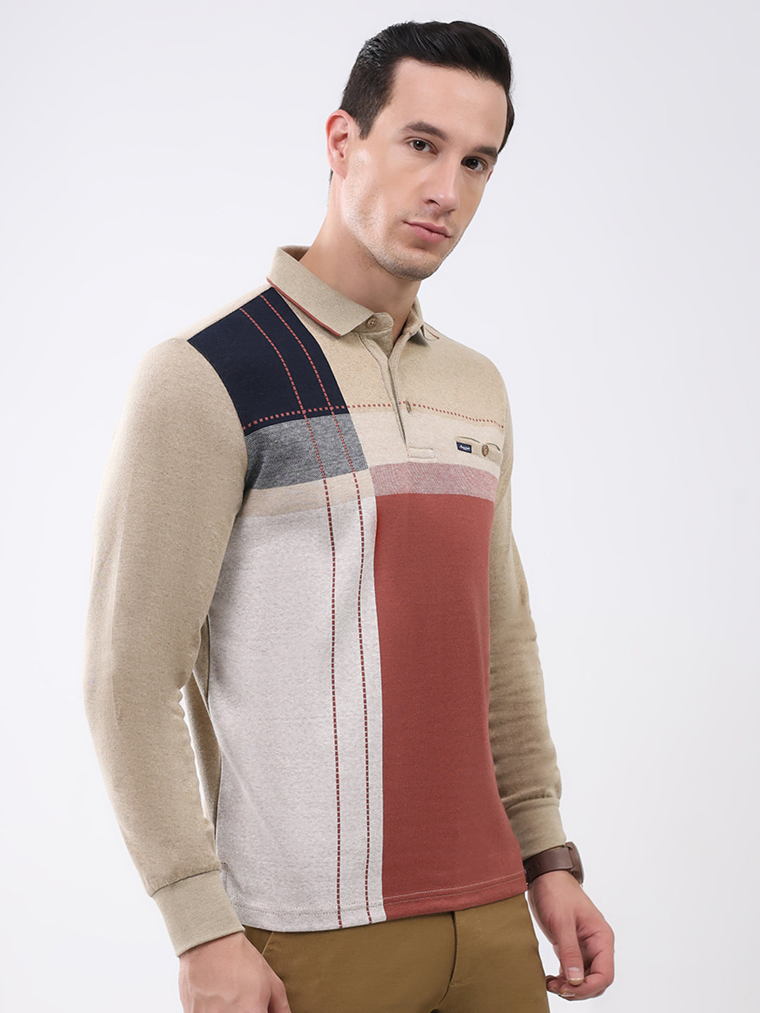 Men Khaki Abstract Collar Full Sleeve Winter T-Shirt