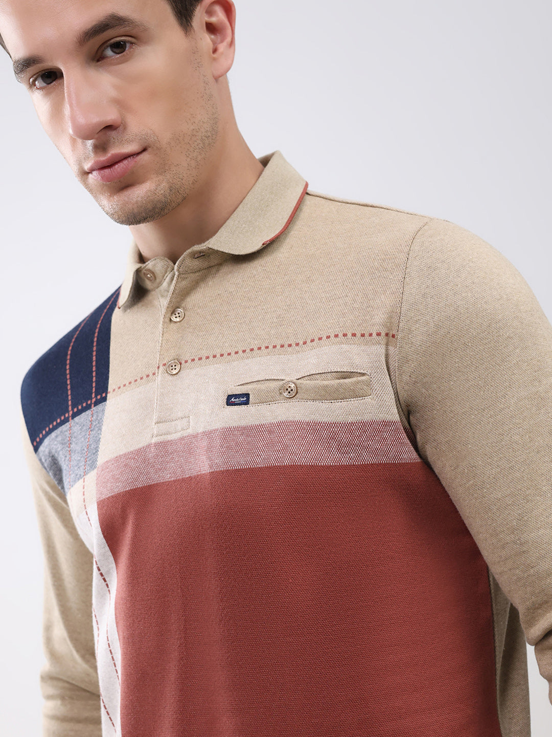 Men Khaki Abstract Collar Full Sleeve Winter T-Shirt