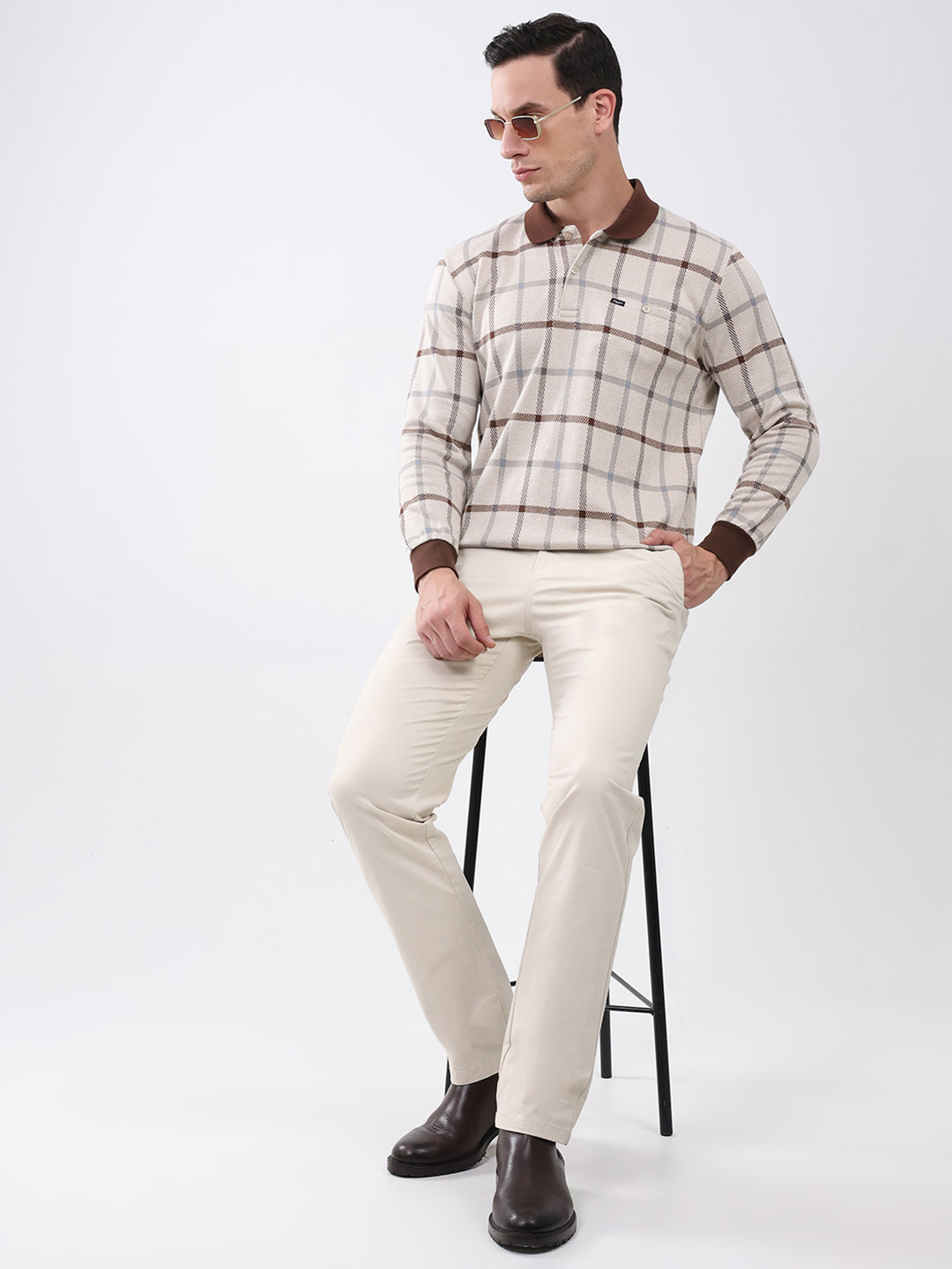 Men Brown Abstract Collar Full Sleeve Winter T-Shirt