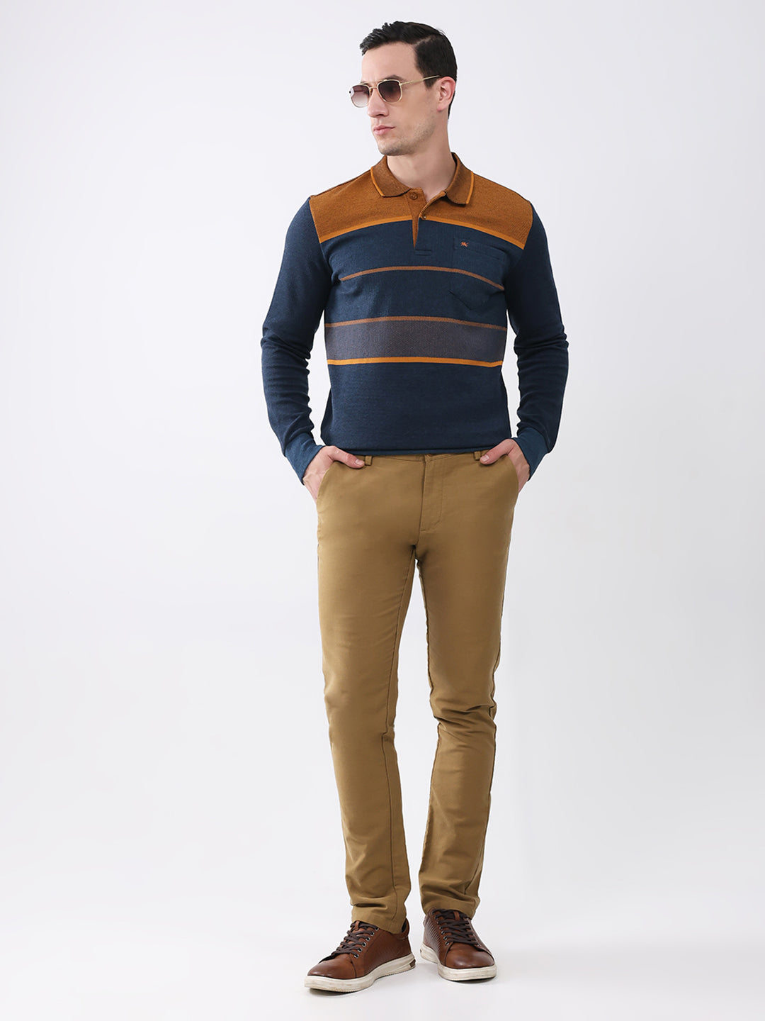 Men Navy Blue Stripe Collar Full Sleeve Winter T-Shirt