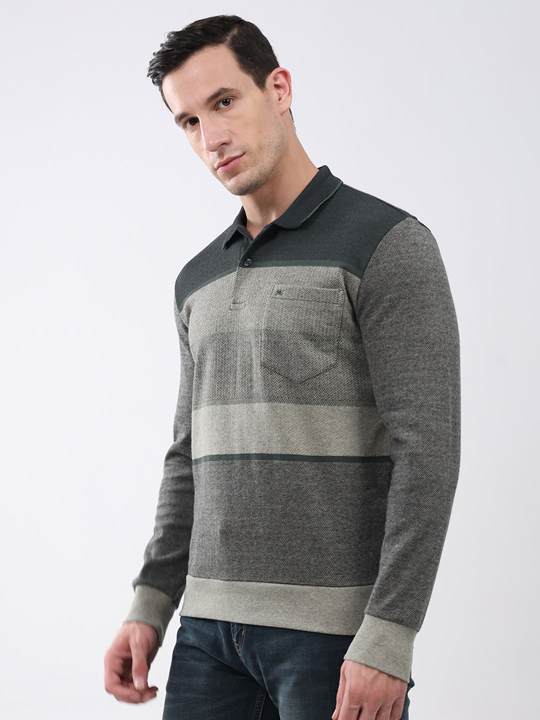 Men Olive Stripe Collar Full Sleeve Winter T-Shirt
