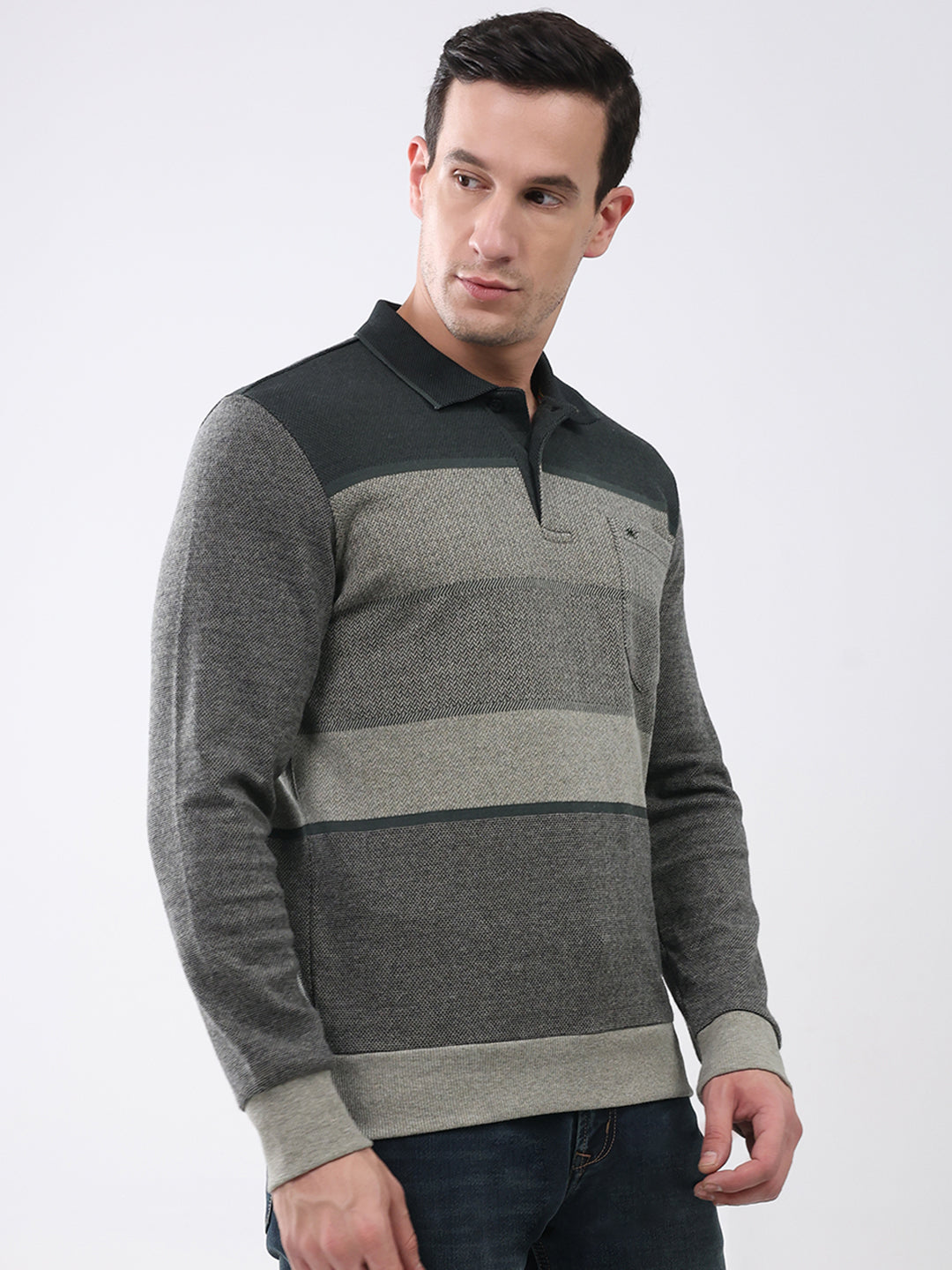 Men Olive Stripe Collar Full Sleeve Winter T-Shirt