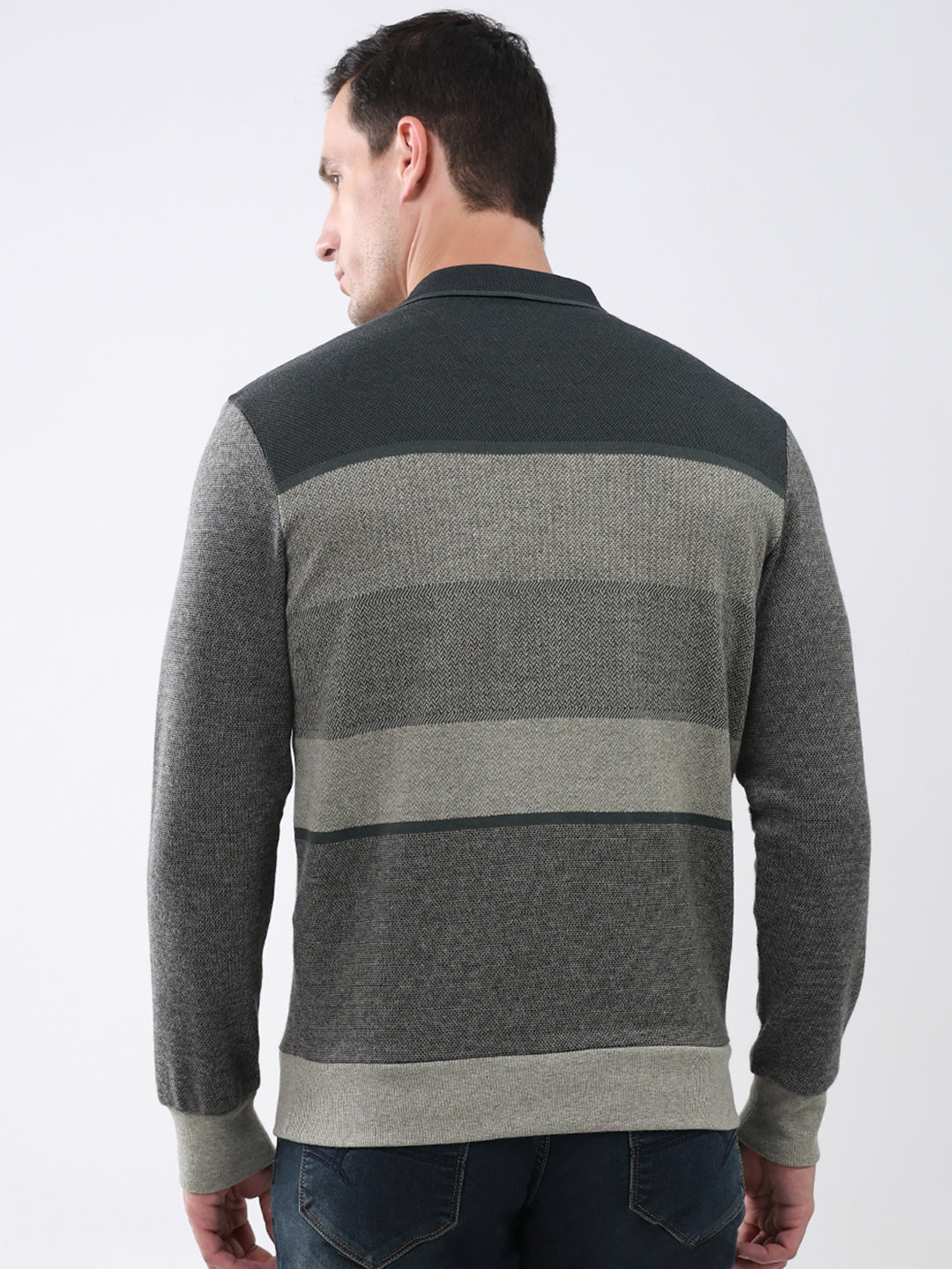 Men Olive Stripe Collar Full Sleeve Winter T-Shirt