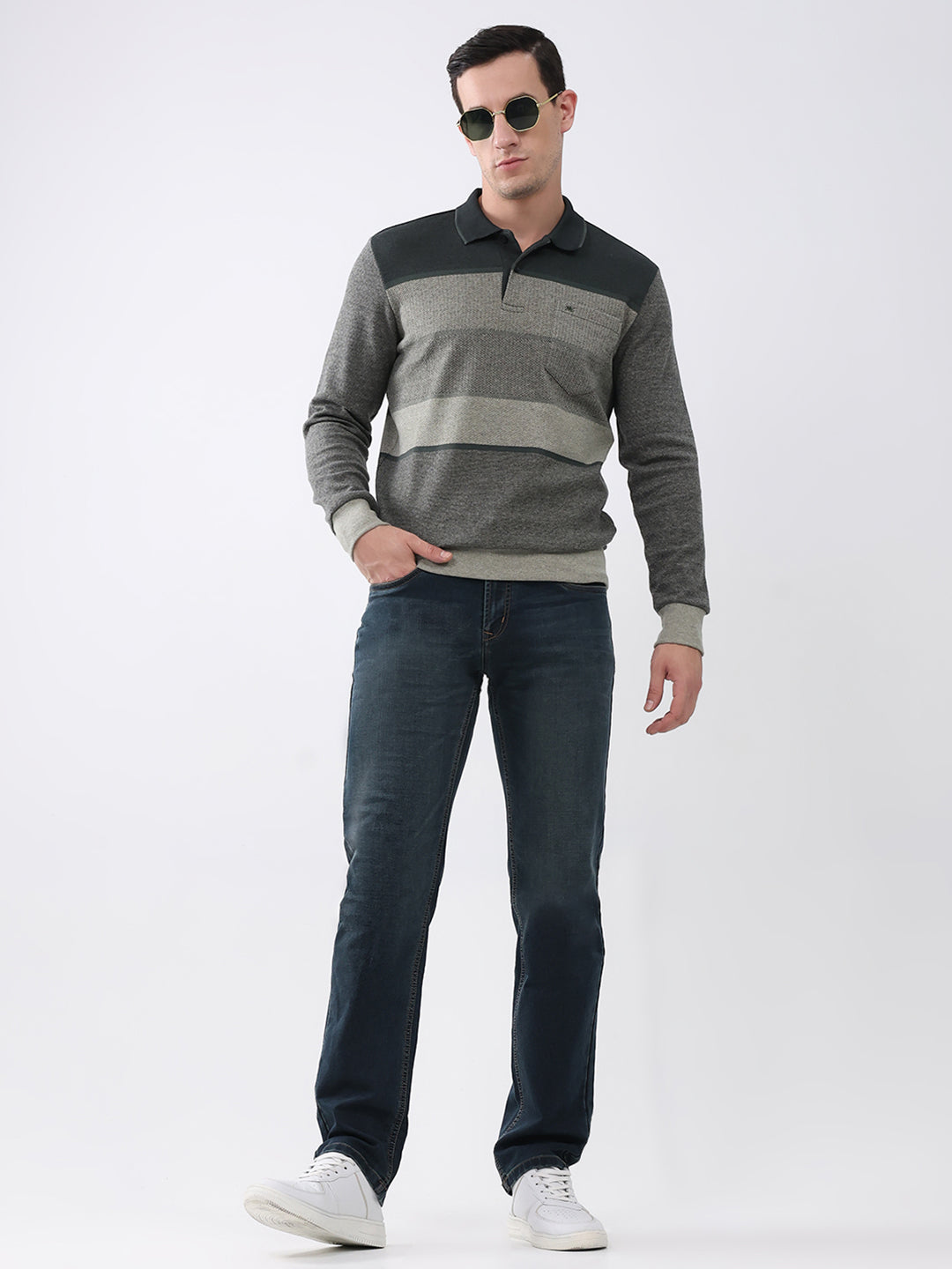 Men Olive Stripe Collar Full Sleeve Winter T-Shirt