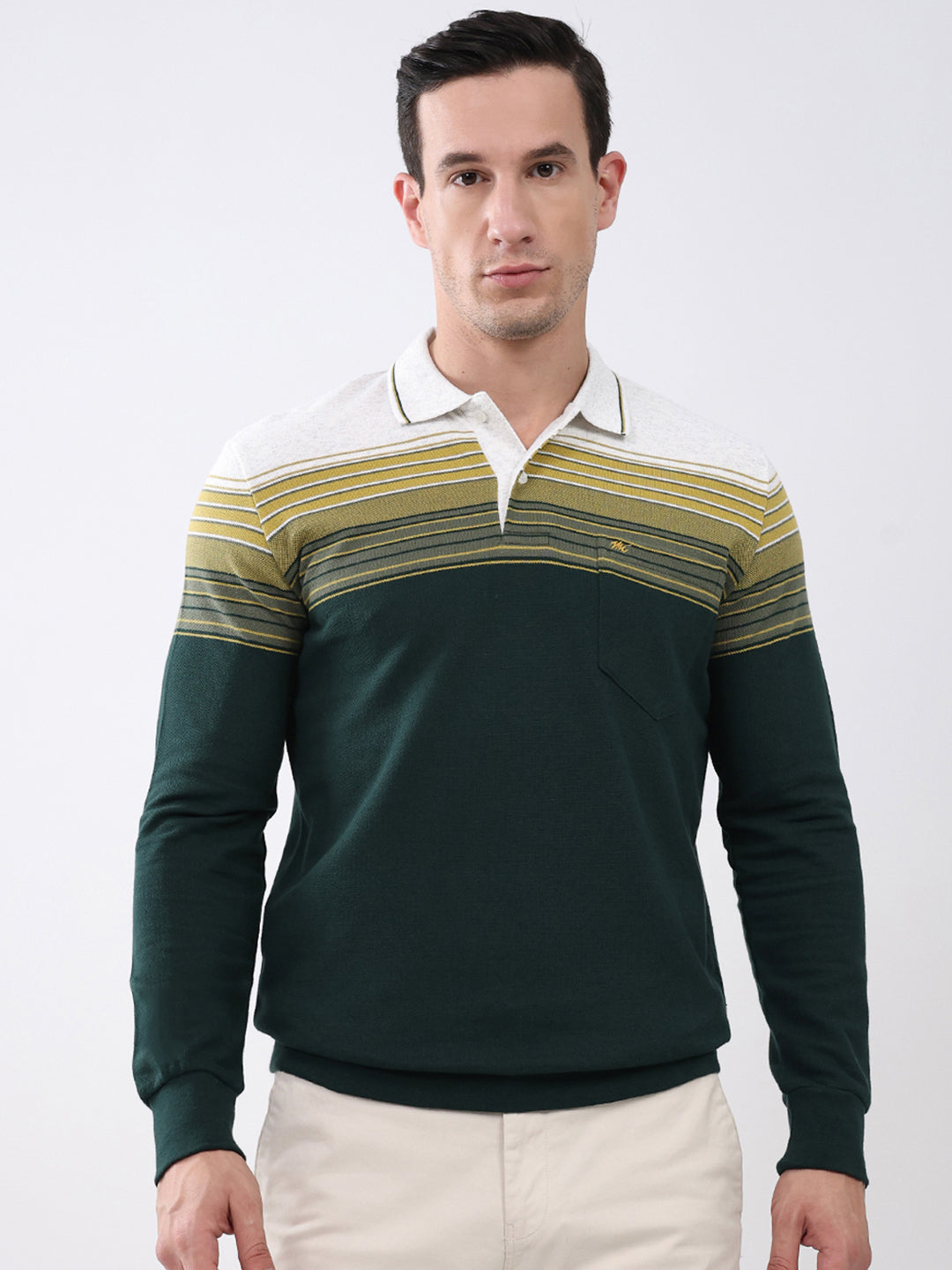 Men Green Stripe Collar Full Sleeve Winter T-Shirt