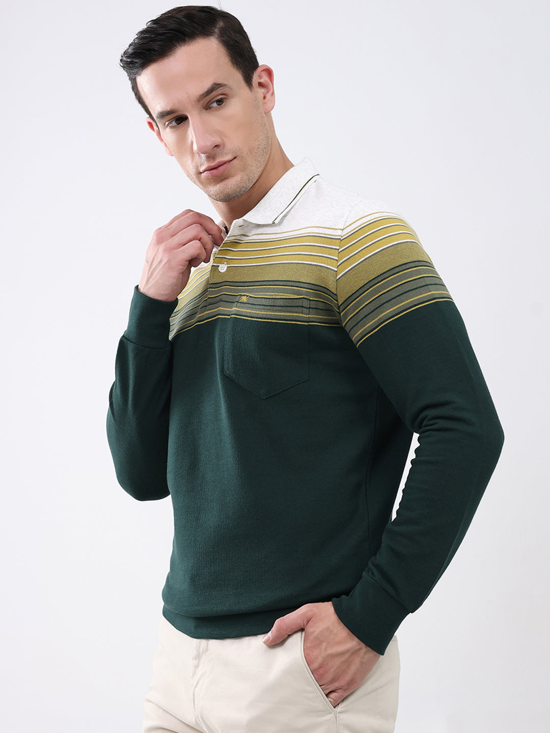 Men Green Stripe Collar Full Sleeve Winter T-Shirt