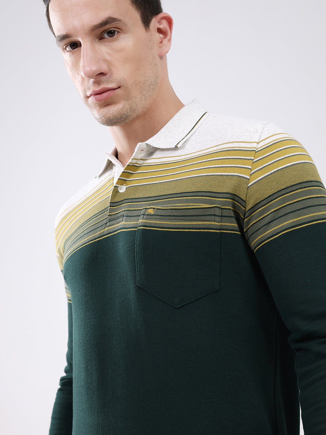 Men Green Stripe Collar Full Sleeve Winter T-Shirt
